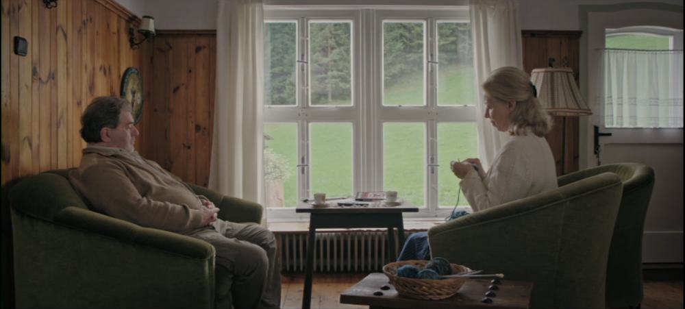 Michaels parents are sitting opposite of each other in the living room. A big window shows a meadow and forrest in front of the house. The walls are covered in wooden panels and sparsely decorated. The mother on the right side is knitting with blue wool. The father is sitting on a green sofa deep in thought.